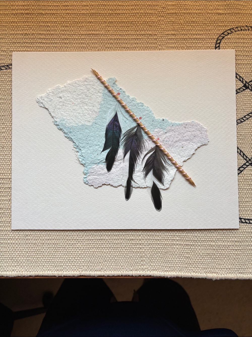 Handmade Mixed Media Feather Wall Art - Light Blue & Black